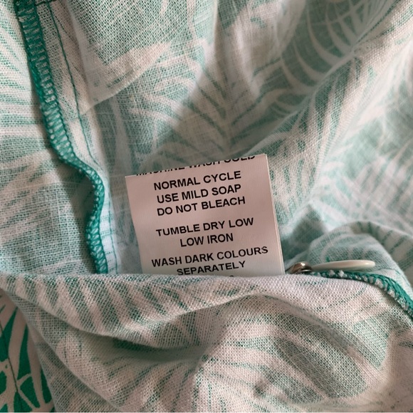 eShakti large Linen Blend Tropical Palm Button Down Shirt Aqua Mint Green - Picture 6 of 8